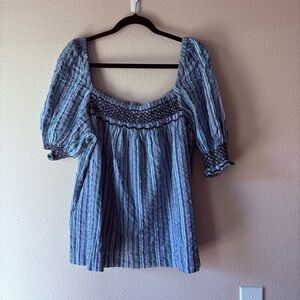 Faherty Smocked Blue Puff Sleeve Blouse